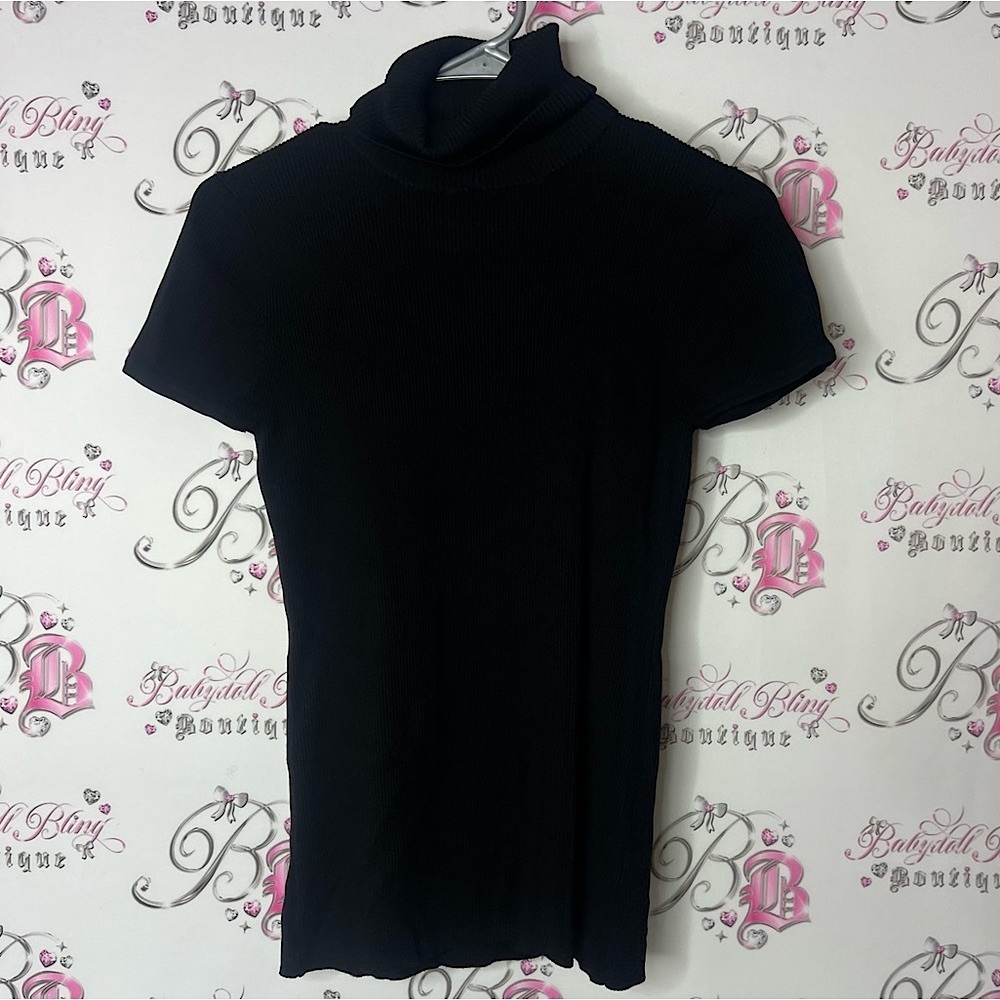 August Silk turtleneck sweater ribbed Black Short Sleeve Turtleneck Top